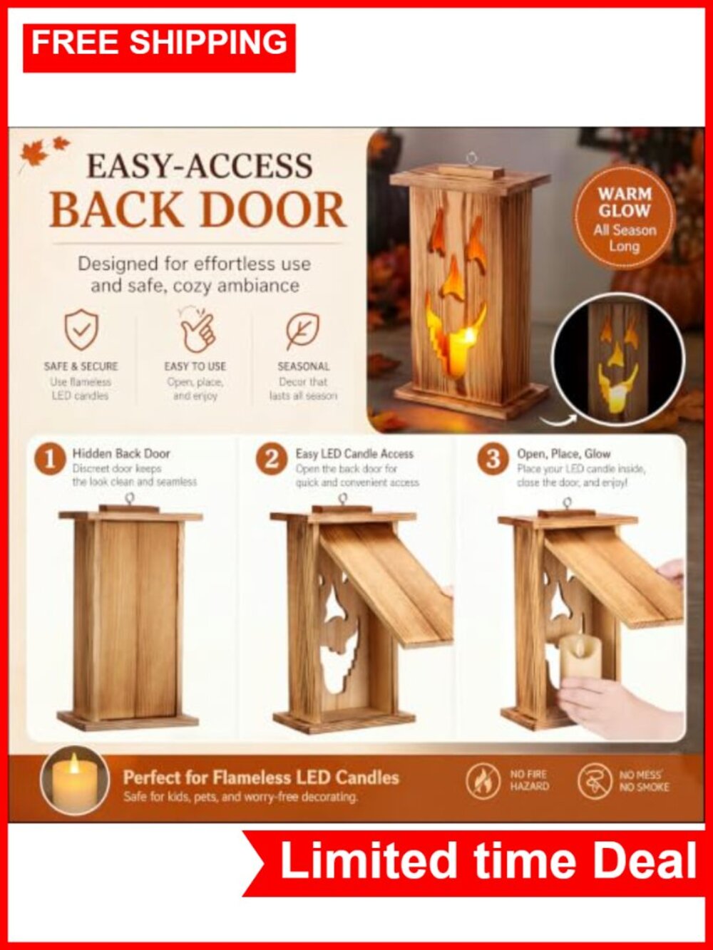 Halloween Wooden Lantern Set 3 Pcs Jack O Lantern Decor - Picture 2 of 6